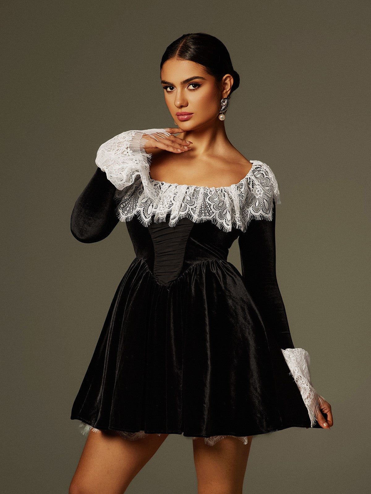 Lace Trimmed Velvet Mini Dress