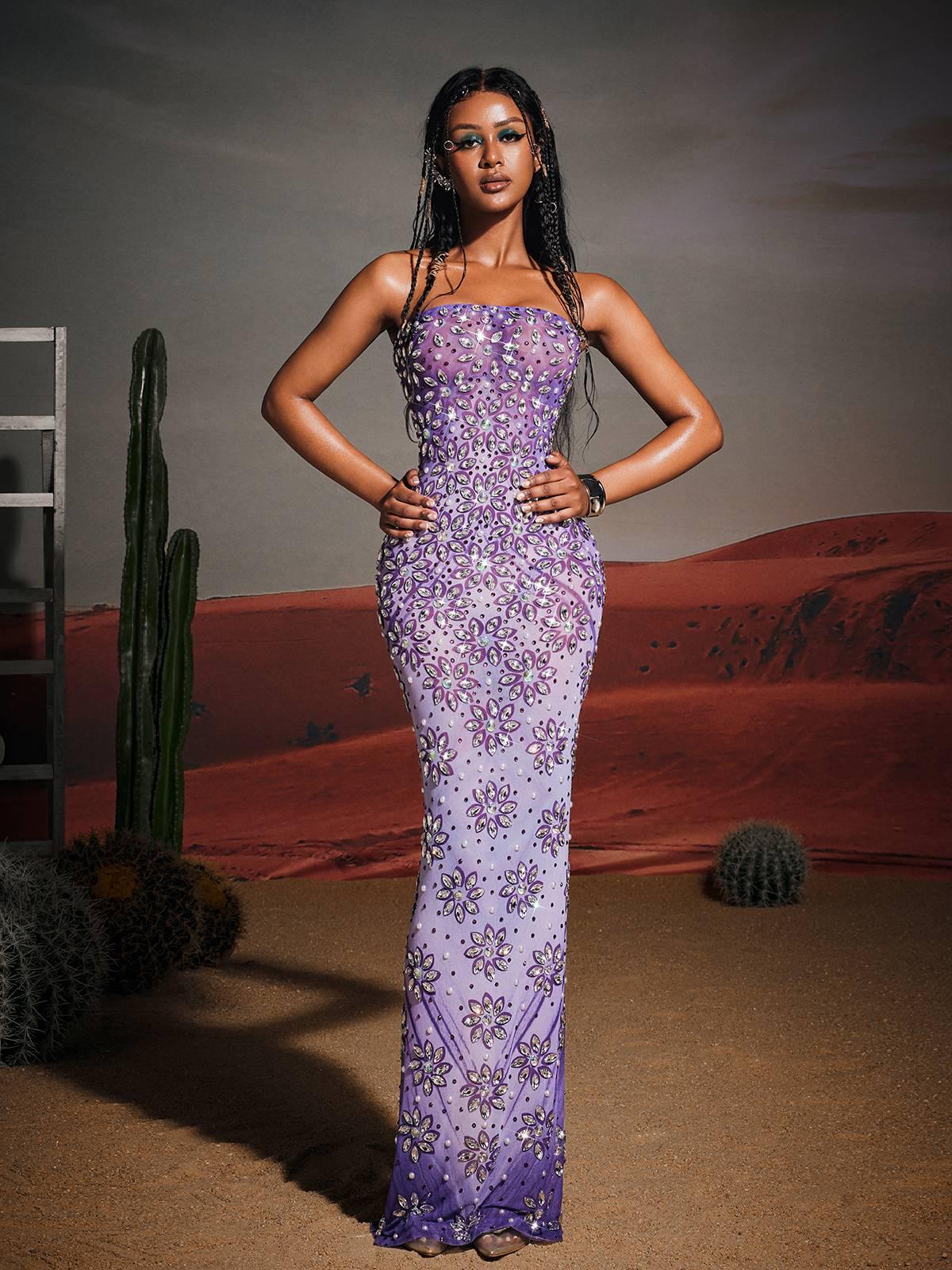 Strapless Floral Rhinestone Maxi Dress