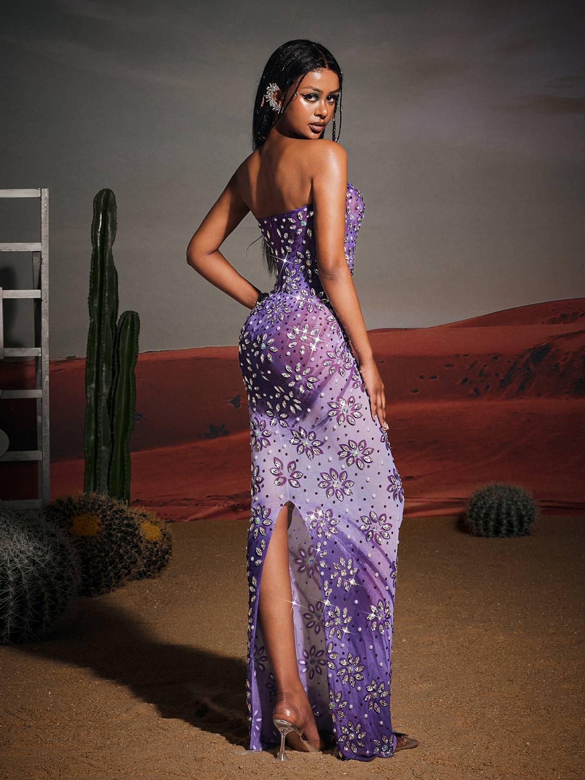 Strapless Floral Rhinestone Maxi Dress