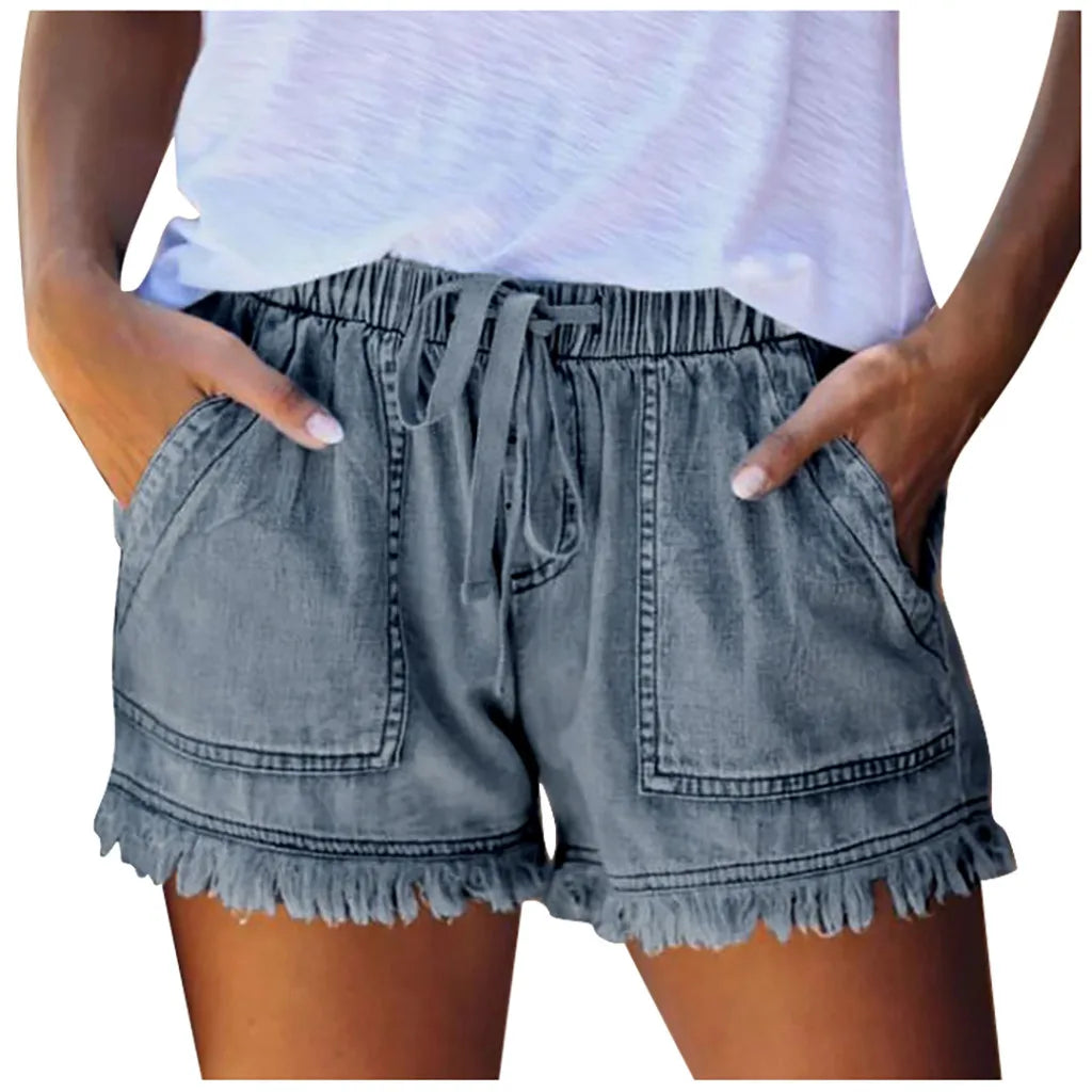 Drawstring Tassel Hem Denim Short