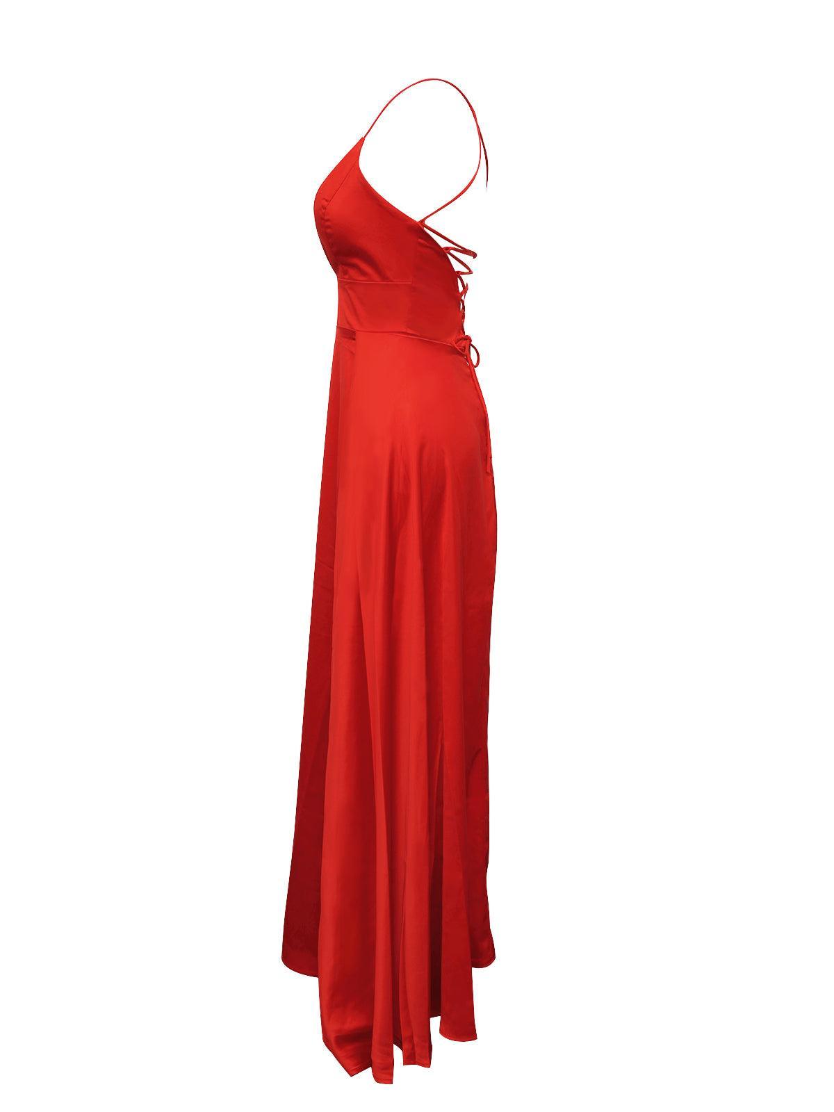 Spaghetti Strap Satin Lace-Up Back High Slit Maxi Dress