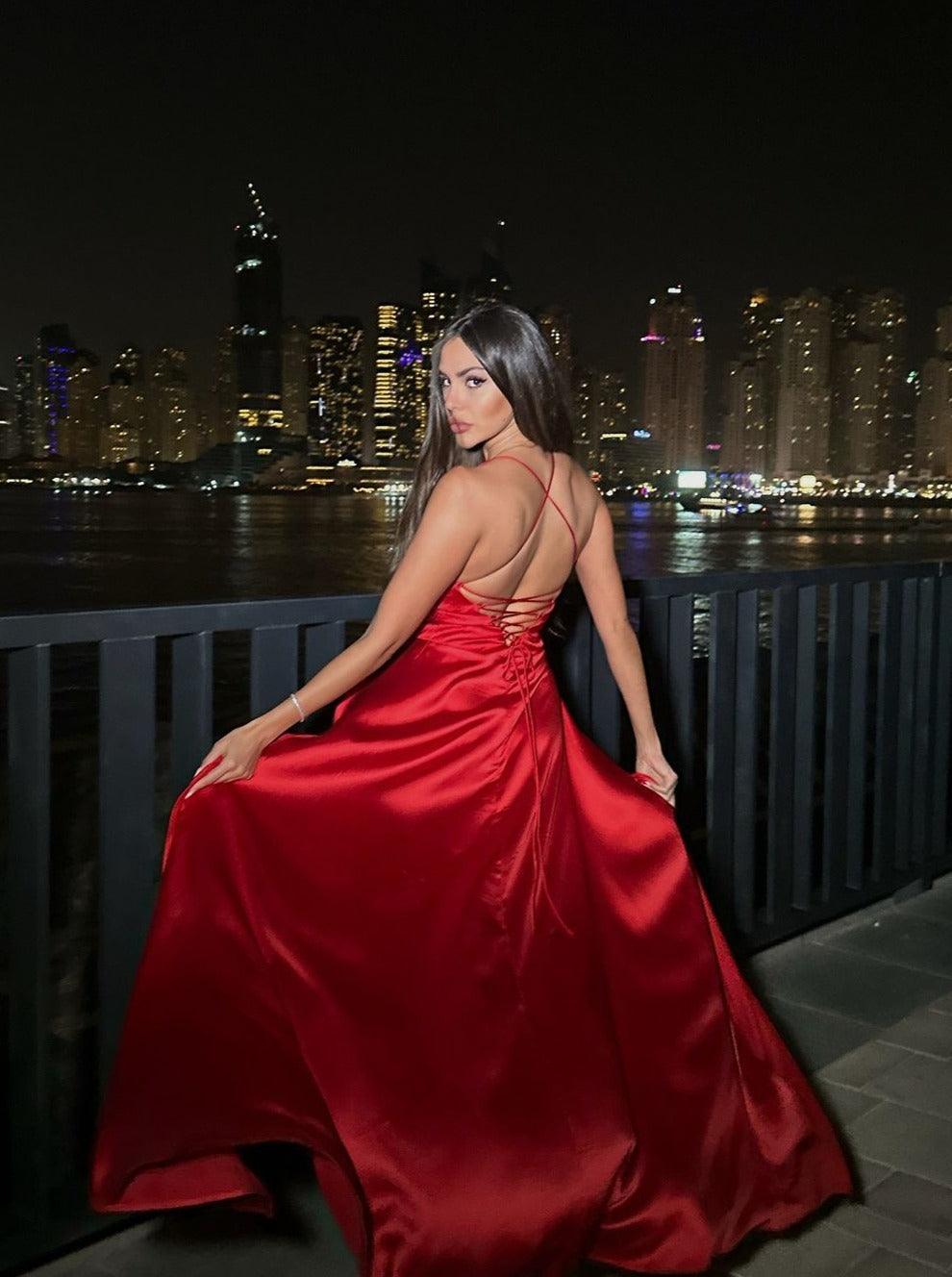 Spaghetti Strap Satin Lace-Up Back High Slit Maxi Dress