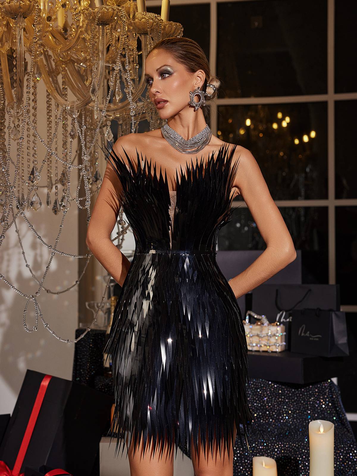 Metal Feather Mini Dress In Black