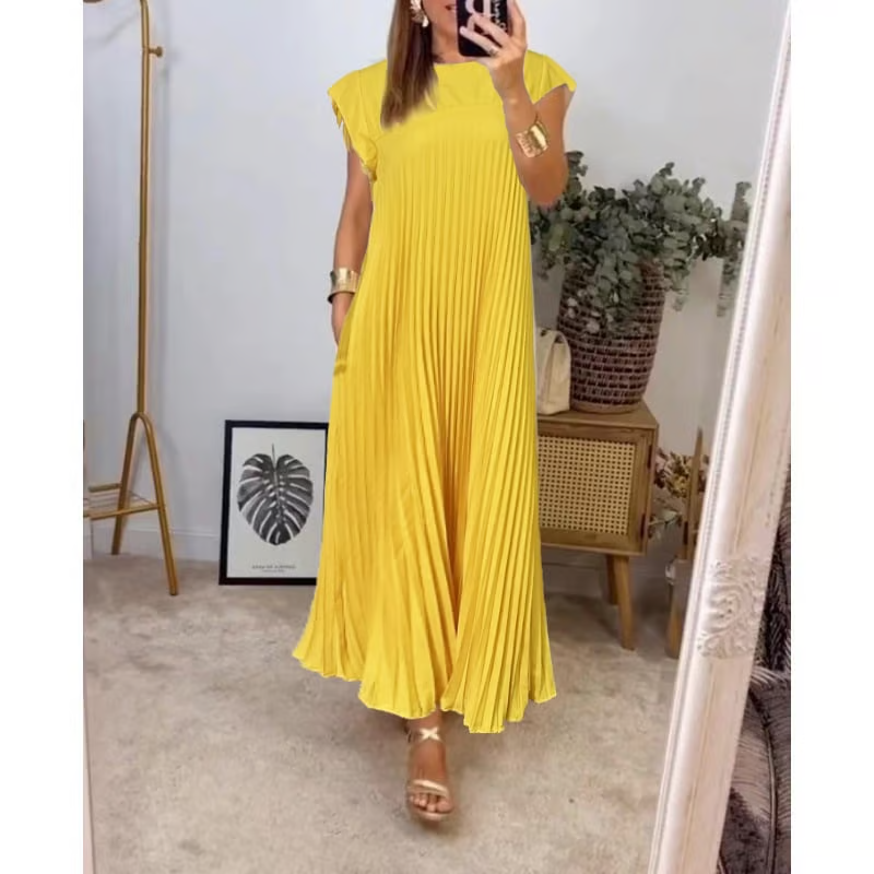 Round Neck Cap Sleeve Pleated A-Line Maxi Dress