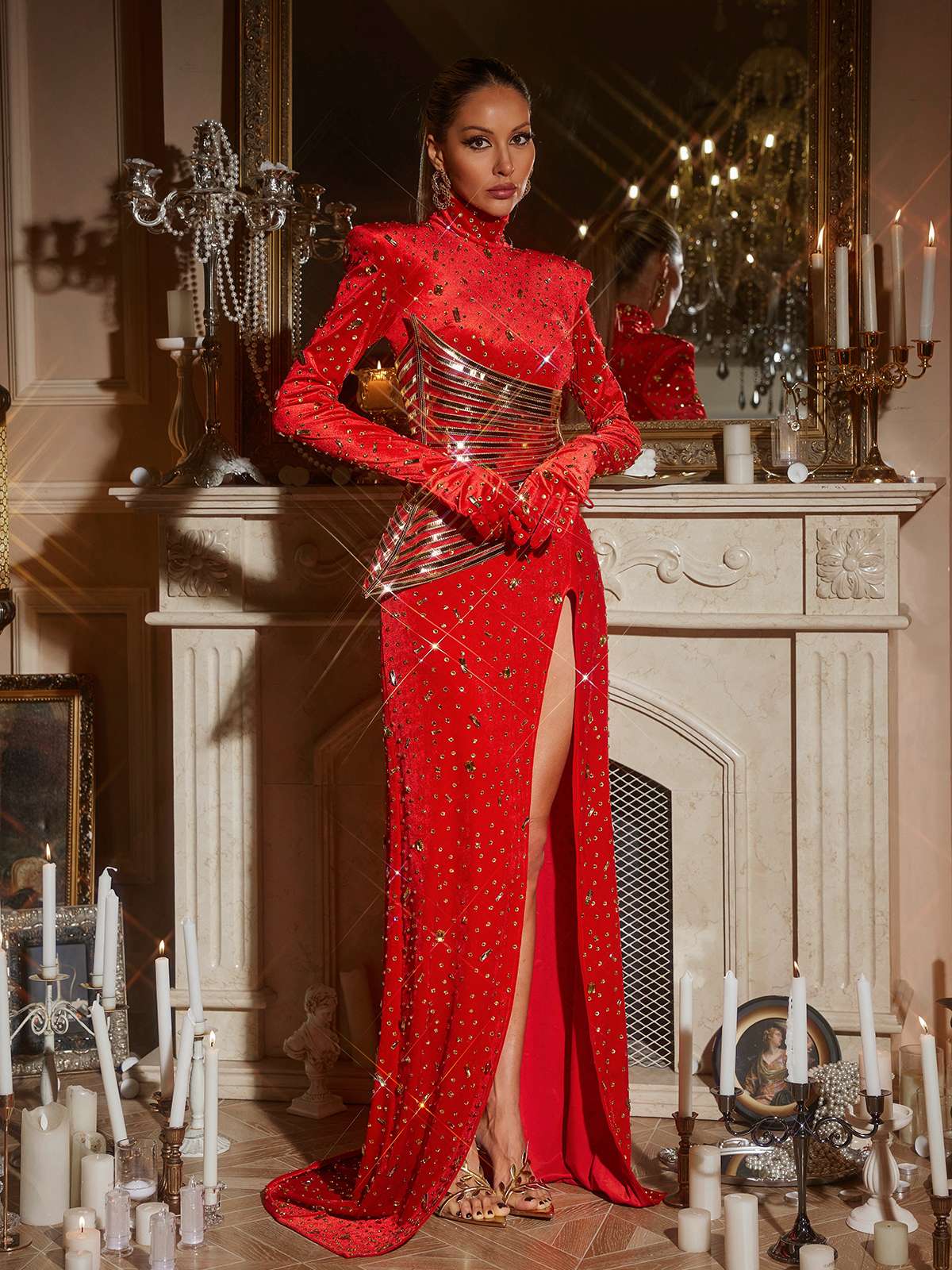 Rhinestone Embellished Split Maxi Dress