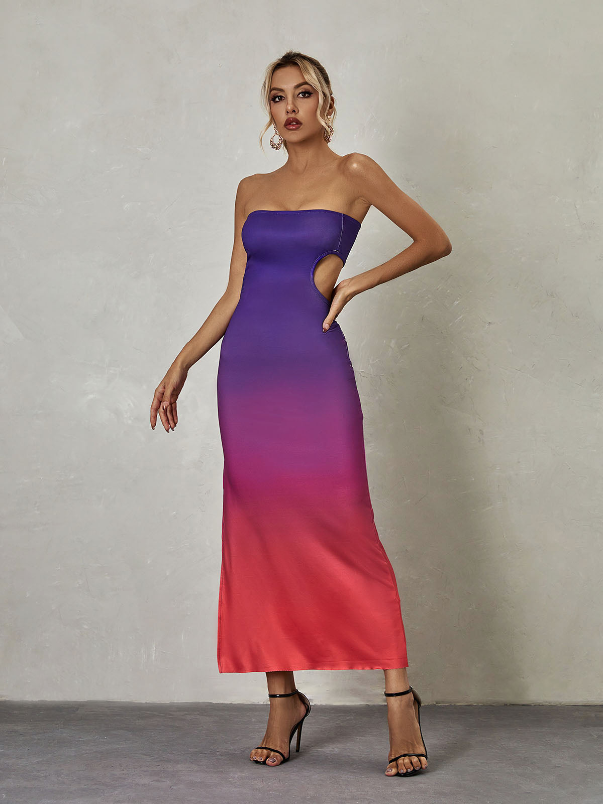 Strapless Ombre Side Cutout Bodycon Maxi Dress