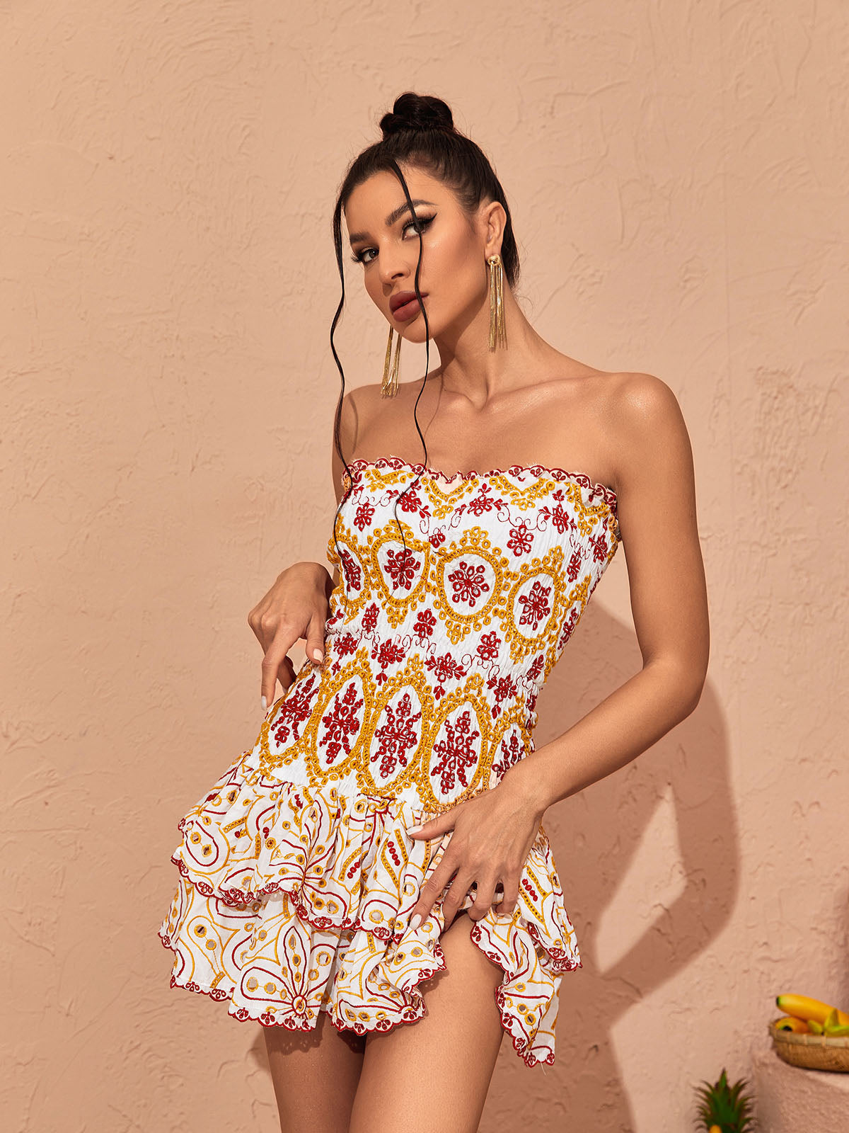 Strapless Floral Embroidered Eyelet Ruffle Tiered Mini Dress