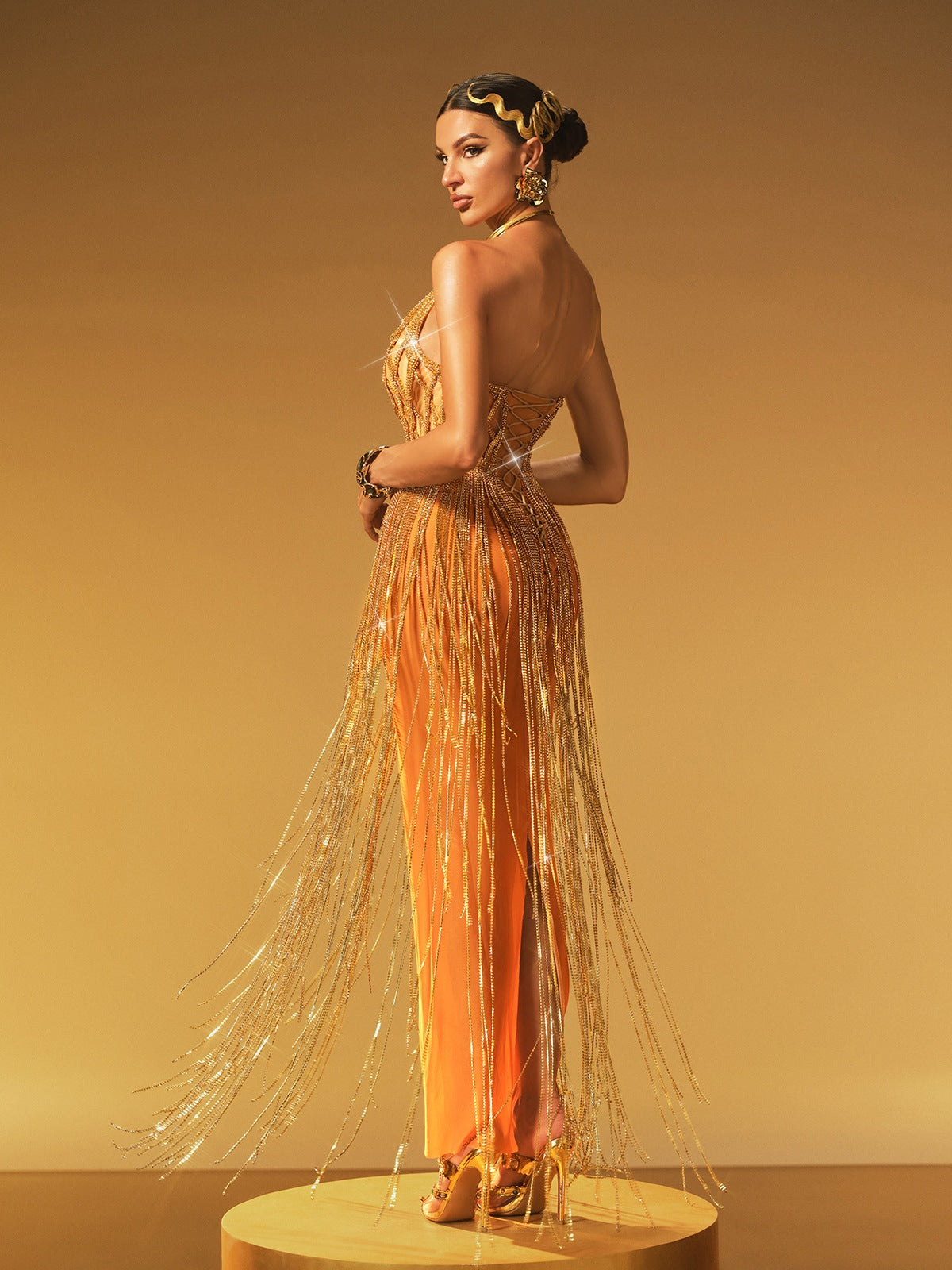 Strapless Chain Fringe Mesh Maxi Dress