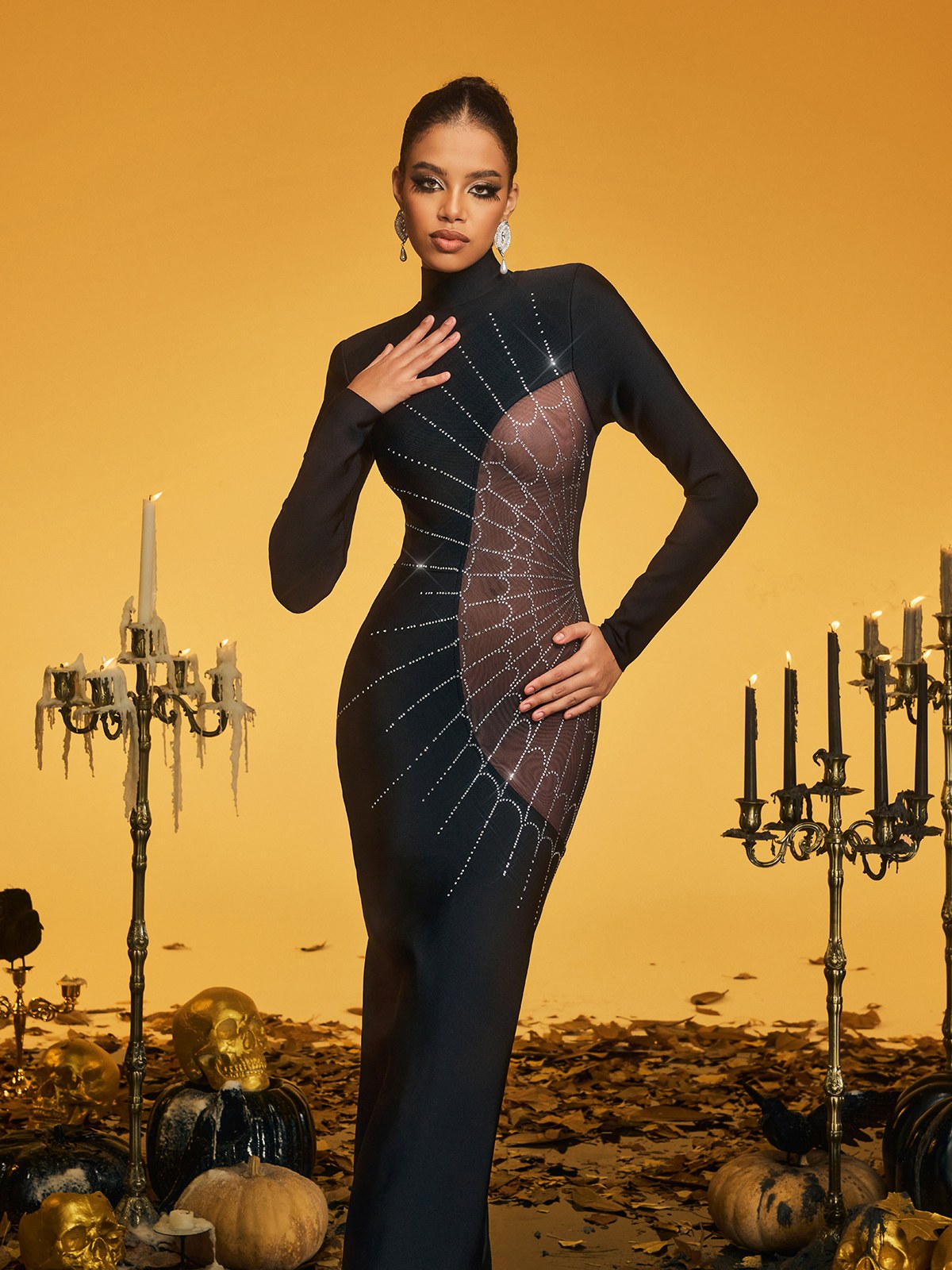 Rhinestone Cobweb Bandage Maxi Dress