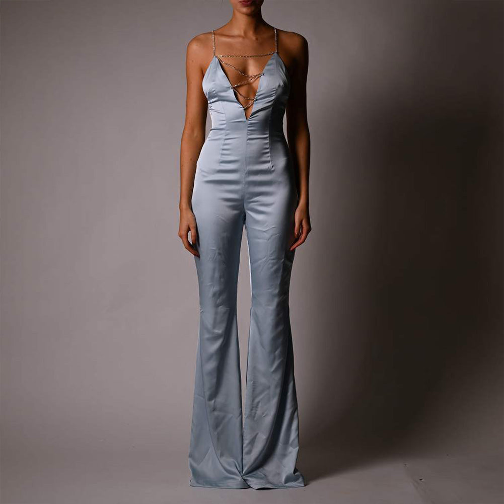 Strappy Sleeveless Drill Chain Bodycon Jumpsuit