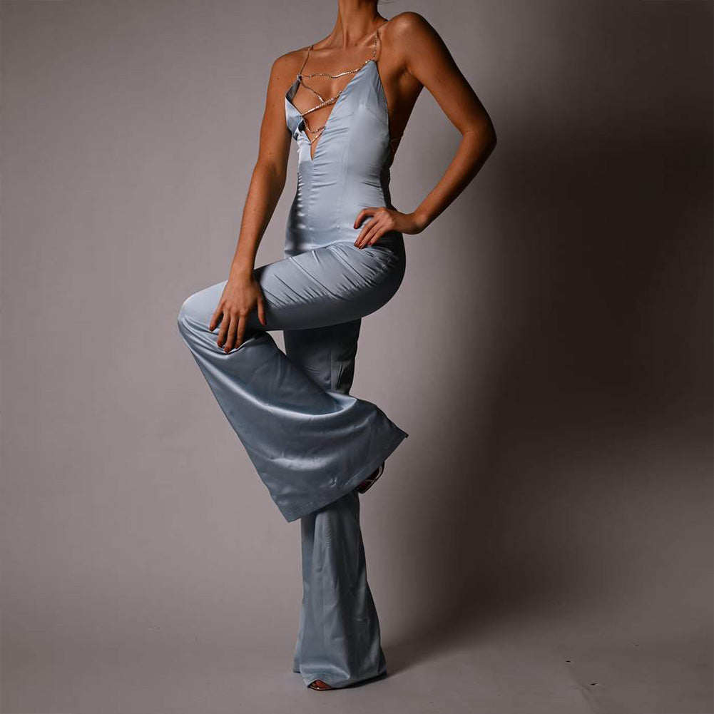 Strappy Sleeveless Drill Chain Bodycon Jumpsuit