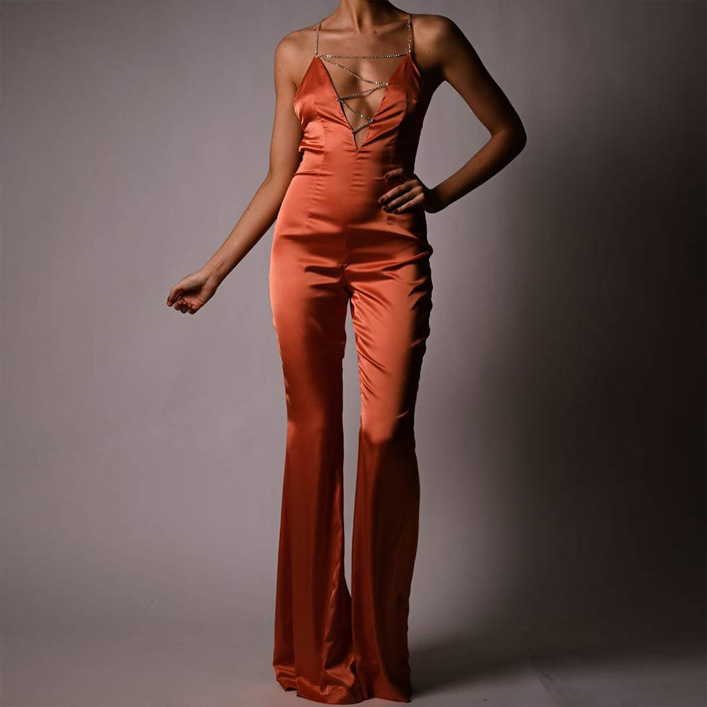 Strappy Sleeveless Drill Chain Bodycon Jumpsuit