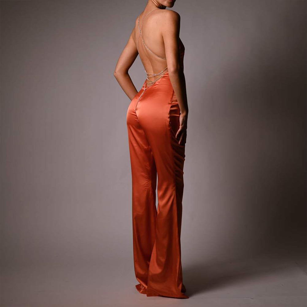 Strappy Sleeveless Drill Chain Bodycon Jumpsuit