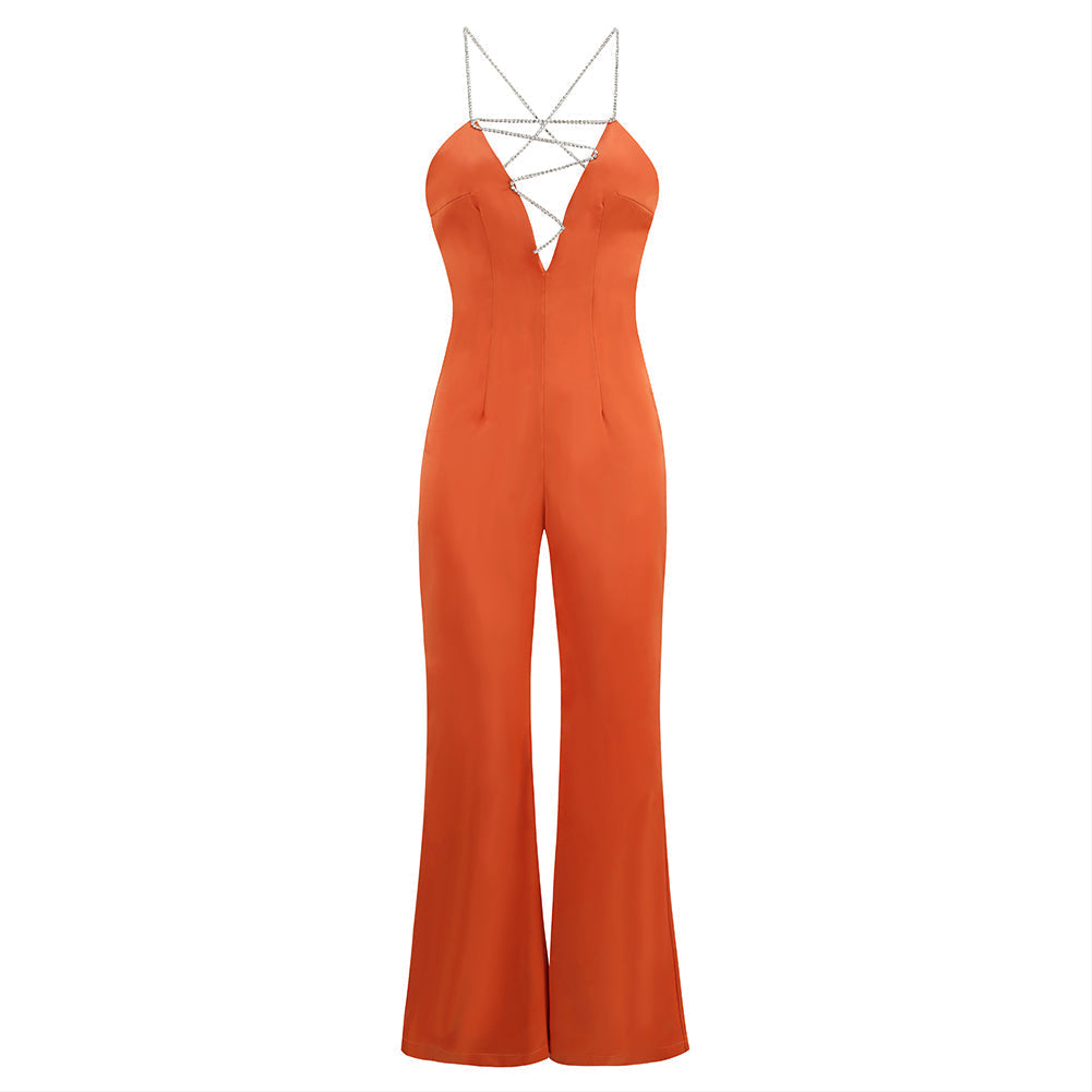 Strappy Sleeveless Drill Chain Bodycon Jumpsuit