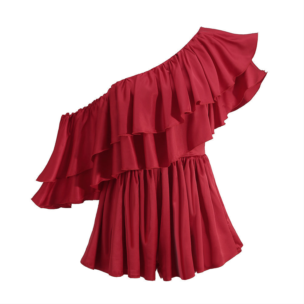 One Shoulder Short Sleeve Frill Bodycon Jumpsuit