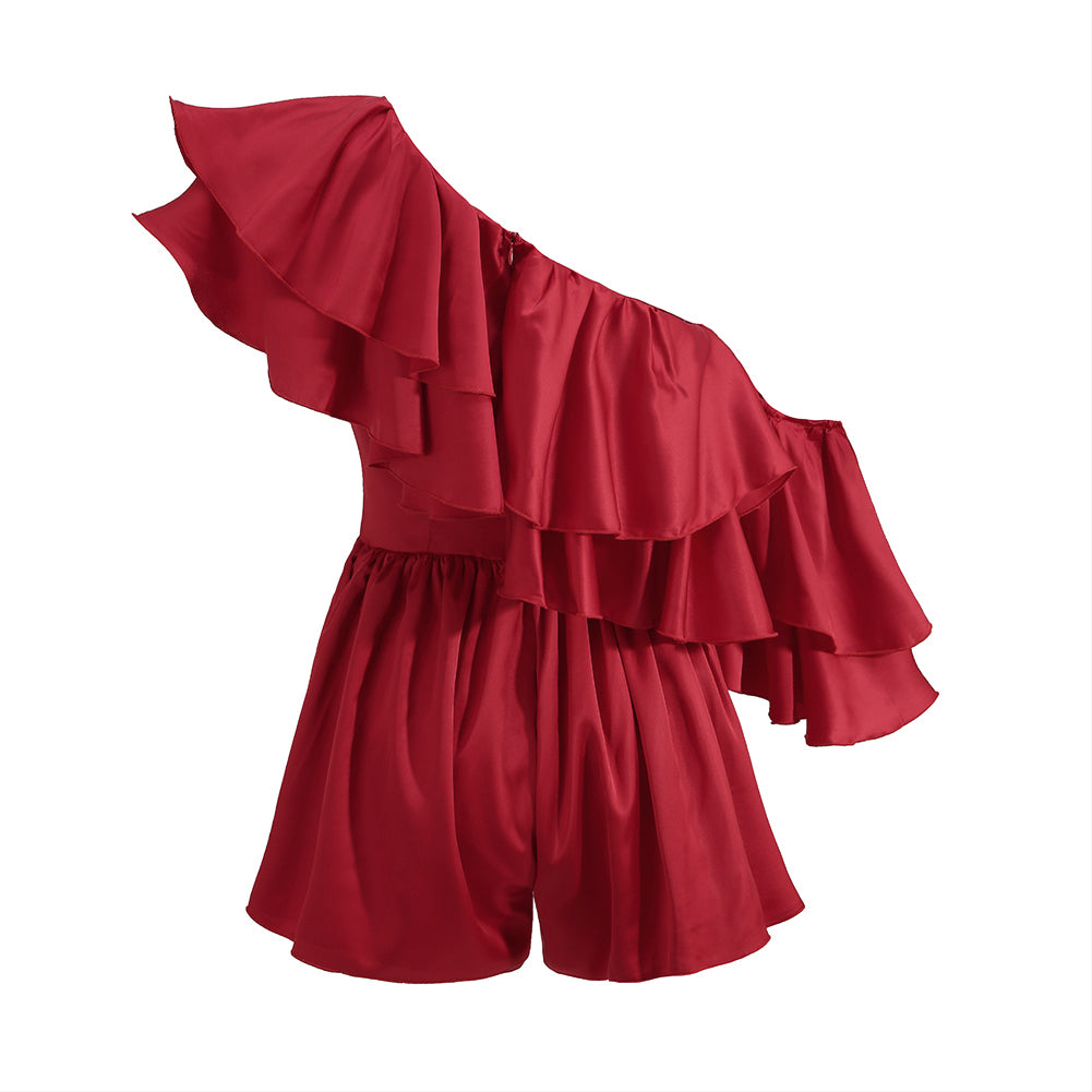One Shoulder Short Sleeve Frill Bodycon Jumpsuit