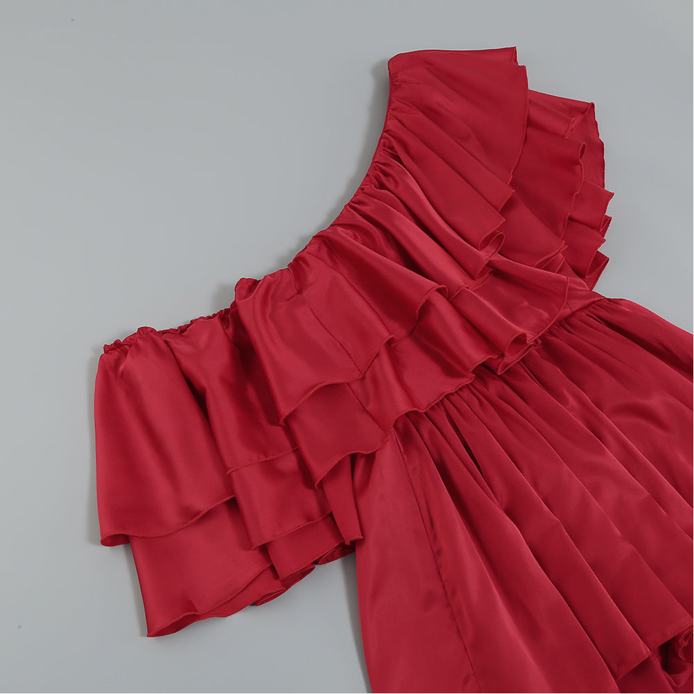 One Shoulder Short Sleeve Frill Bodycon Jumpsuit