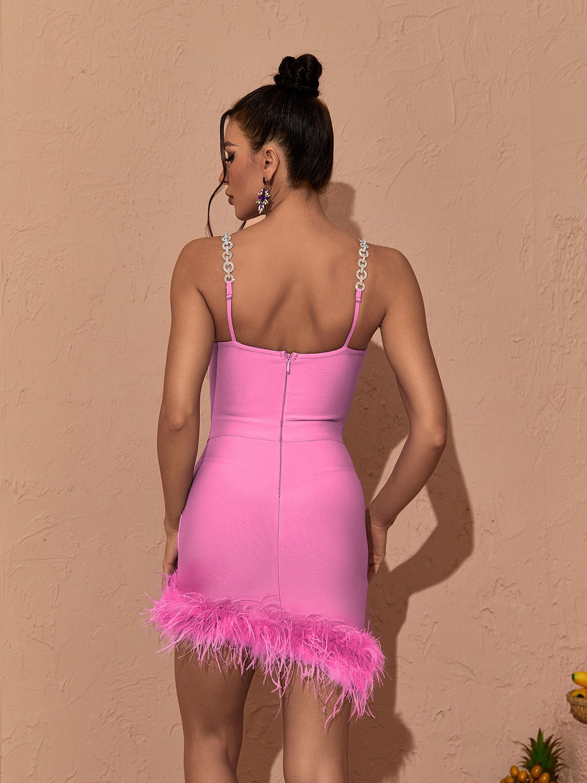 Rhinestone Strap Sweetheart Neck Feather Hem Bandage Bodycon Mini Dress