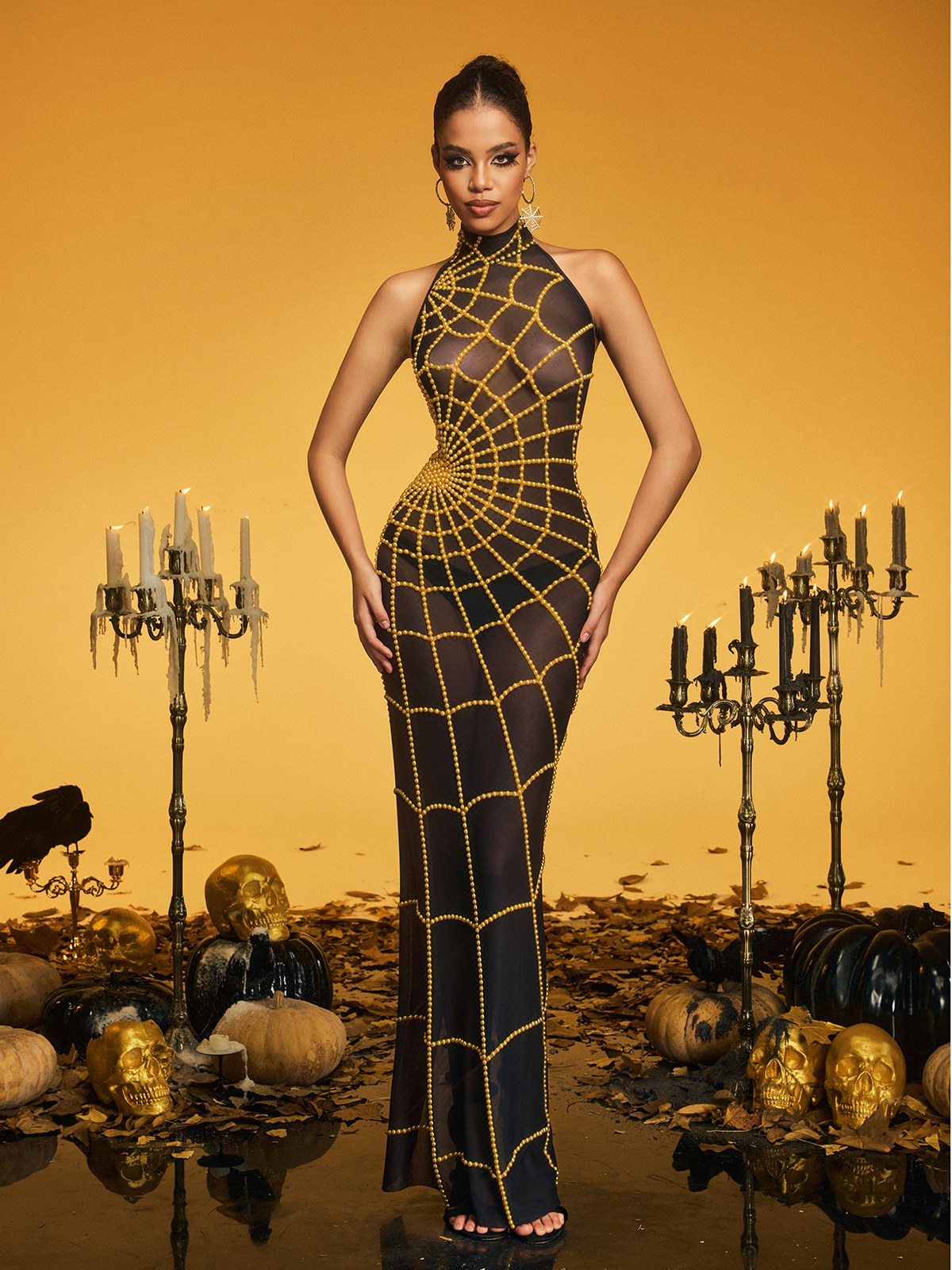 High Neck Cobweb Pearl Maxi Dress In Gold