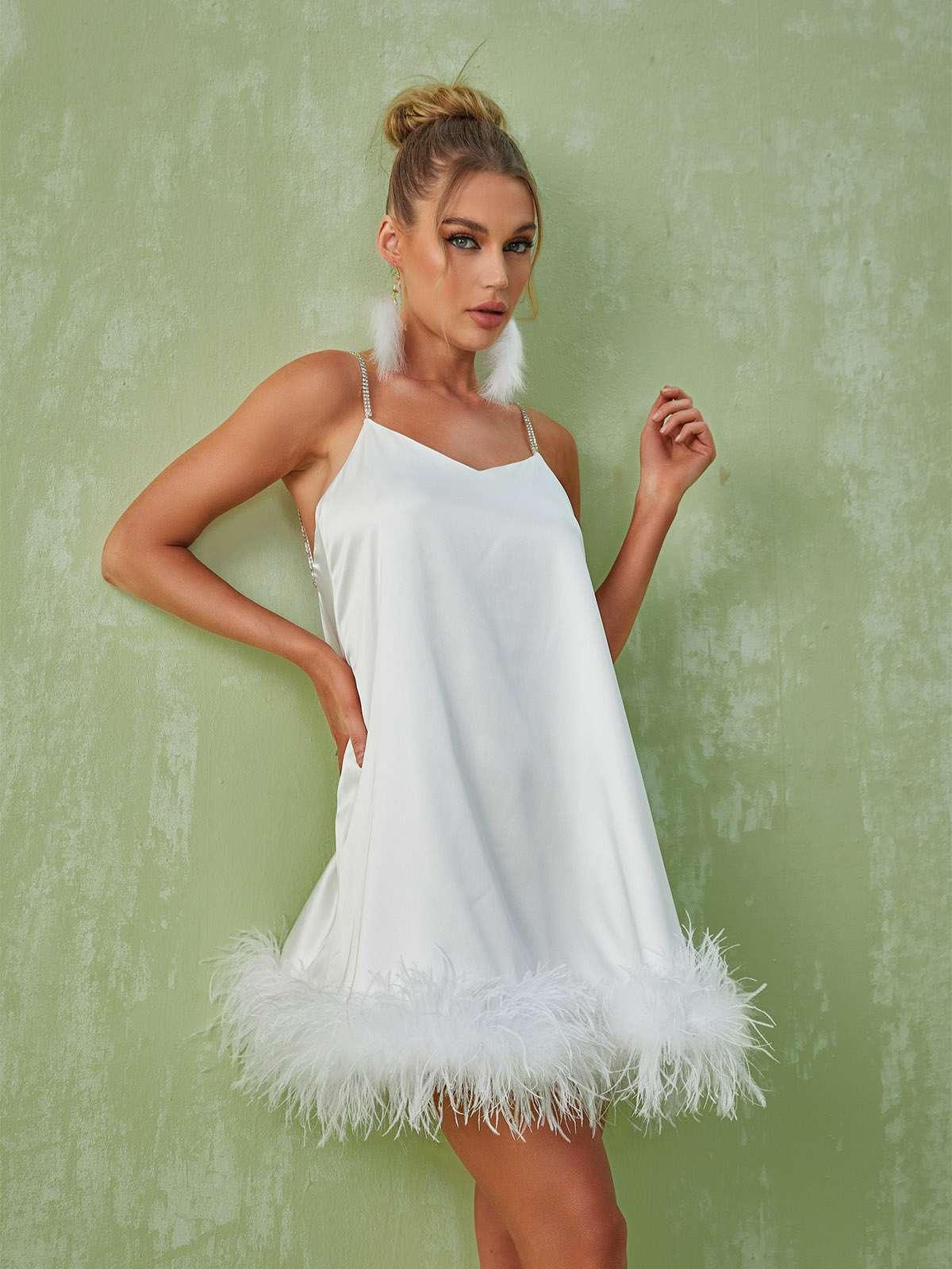 Rhinestone Strap Satin Feather Trim Shift Mini Dress