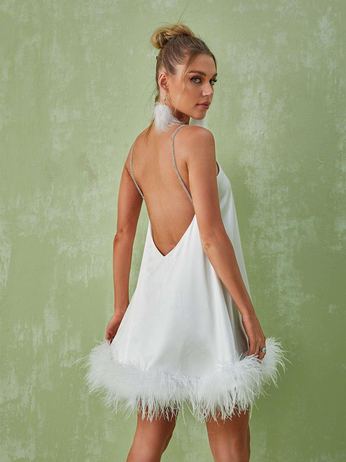 Rhinestone Strap Satin Feather Trim Shift Mini Dress