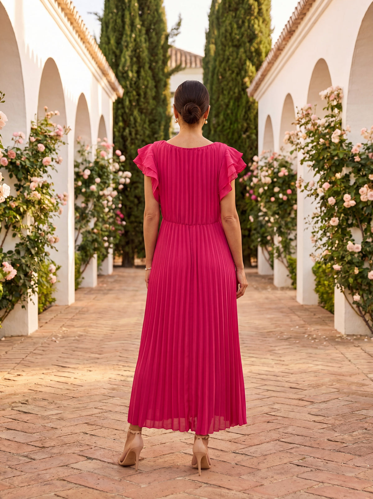 Round Neck Flutter Sleeve Pleated Twist Front A-Line Maxi Dress