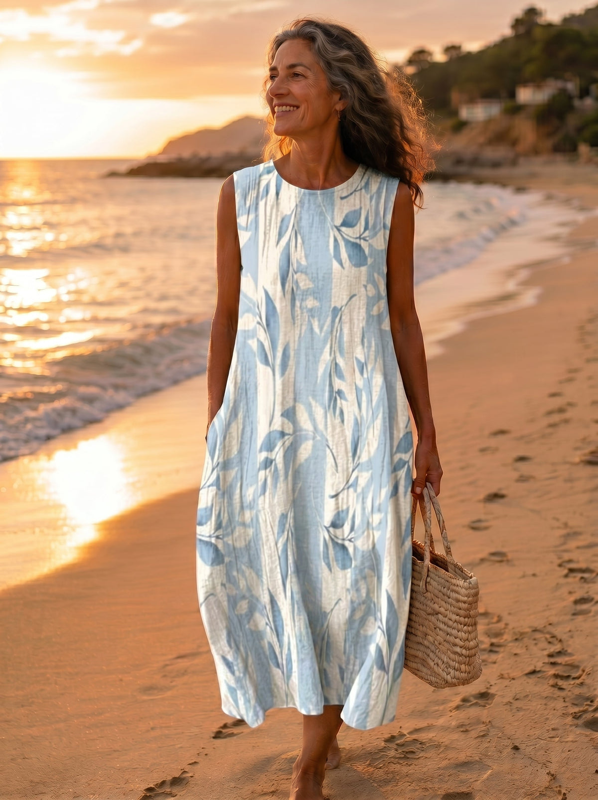 Round Neck Sleeveless Botanical Leaf Print Pocket Cocoon Midi Dress 2