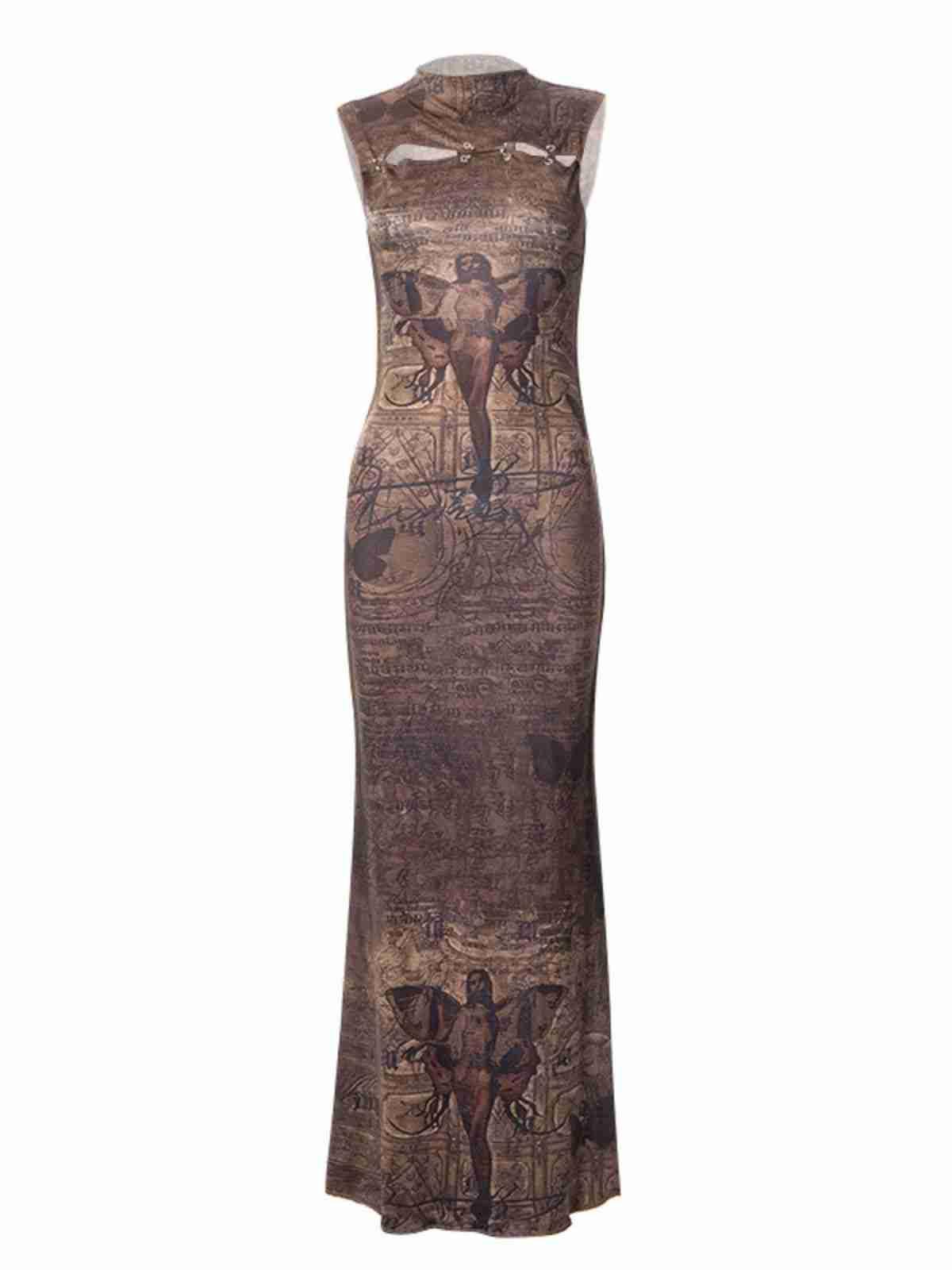 High Neck Sleeveless Graphic Print Ring Detail Bodycon Maxi Dress