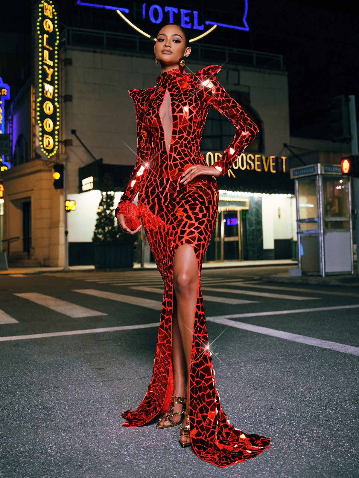 Long Sleeve Embellished Split Maxi Dress In Red