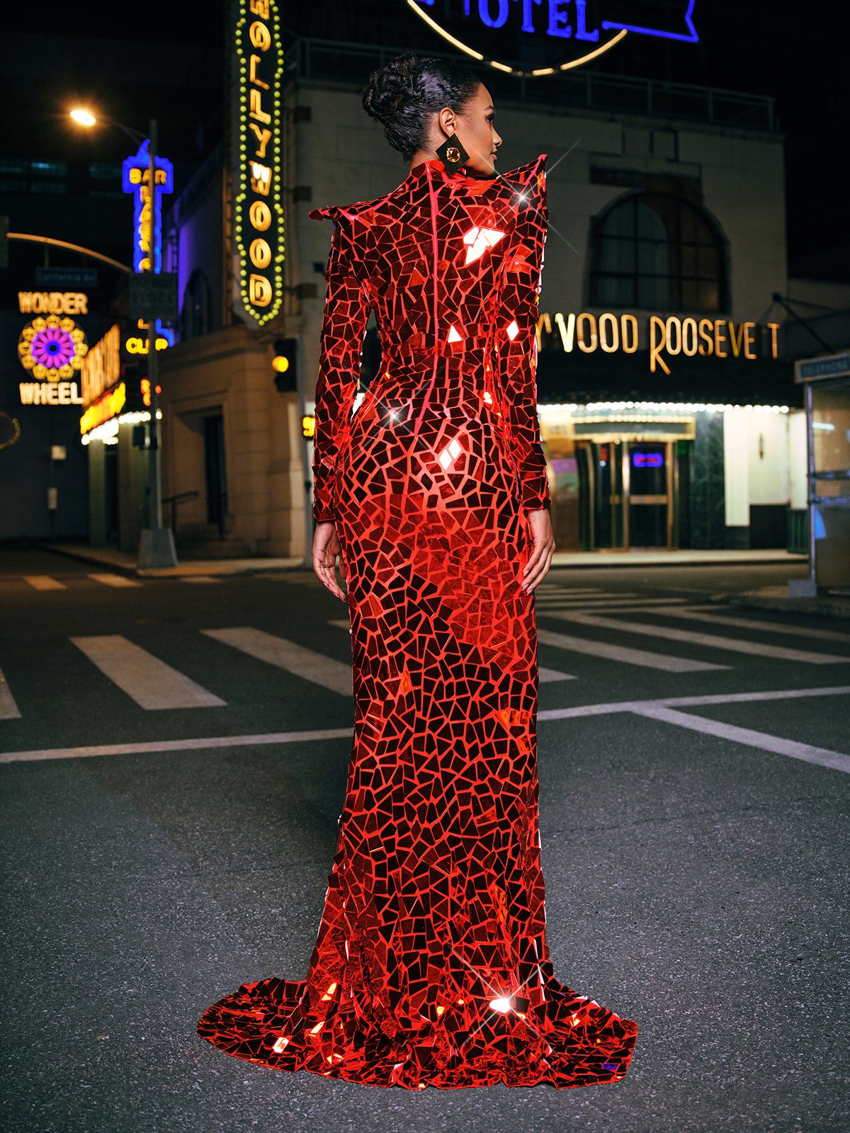 Long Sleeve Embellished Split Maxi Dress In Red