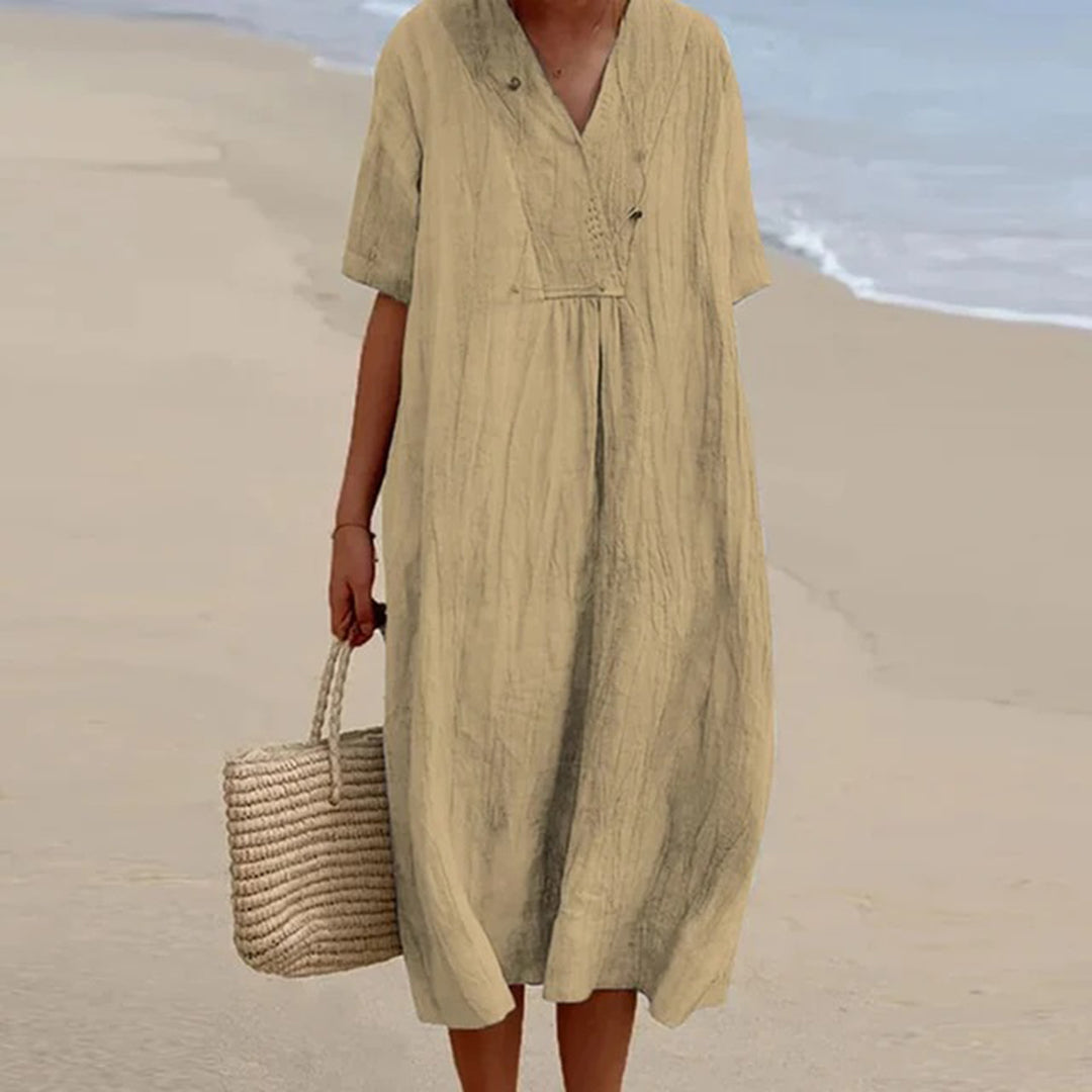 V-Neck Linen Short Sleeve Pleated Loose A-Line Midi Dress