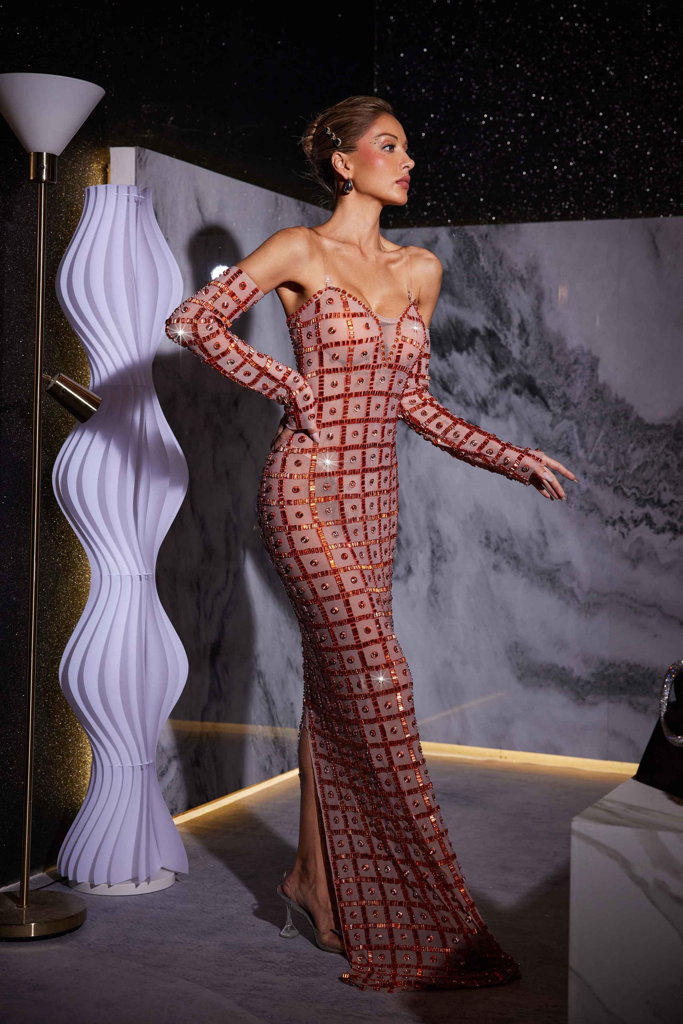 Rhinestone Mesh Maxi Dress