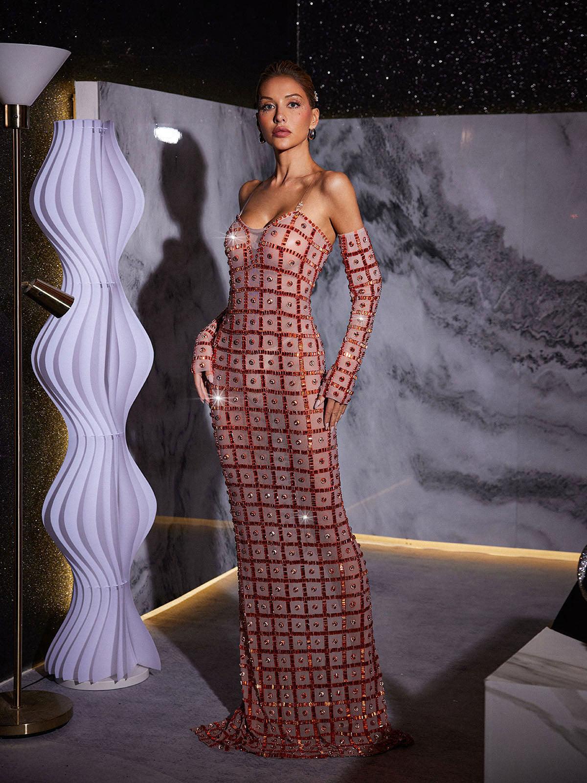 Rhinestone Mesh Maxi Dress