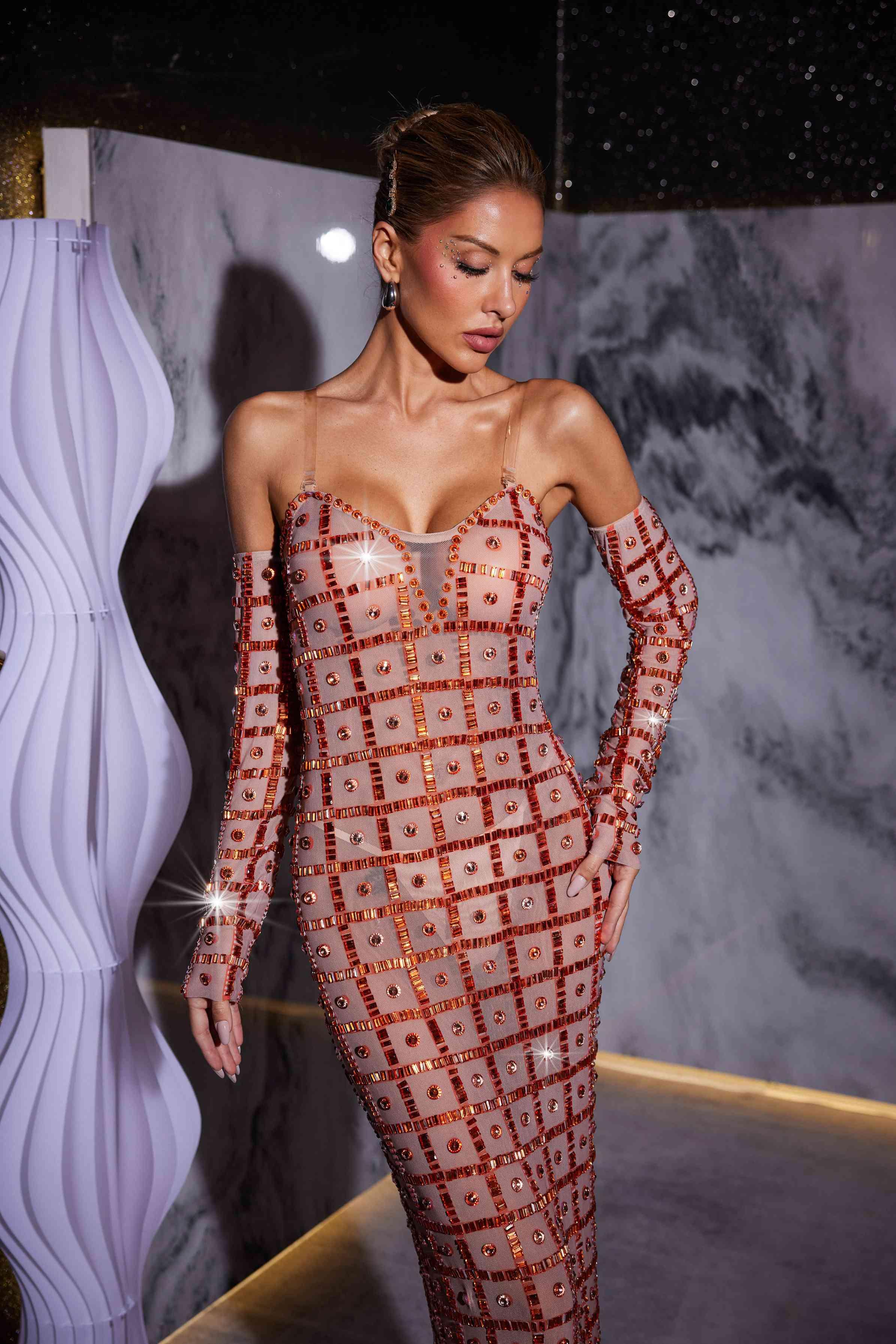Rhinestone Mesh Maxi Dress