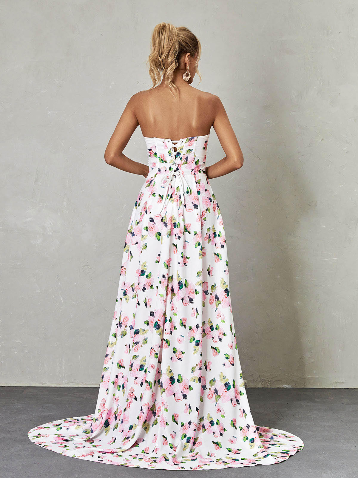 Strapless Sweetheart Floral Corset High Slit A-Line Maxi Gown 5