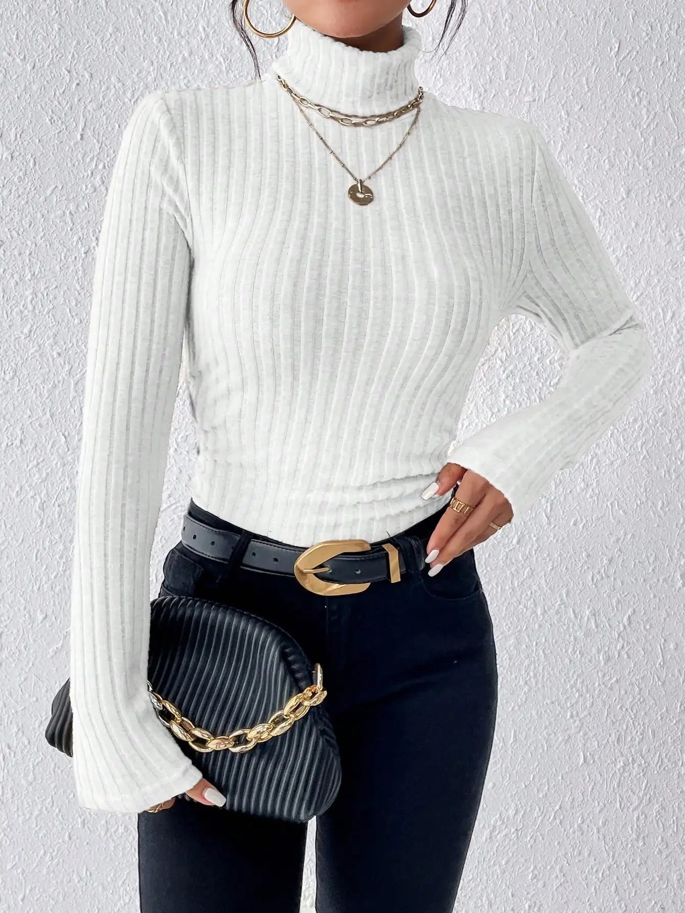 Half Turtleneck Sweater Slim Long Sleeve Knit Top Women white / XS knittop-250126