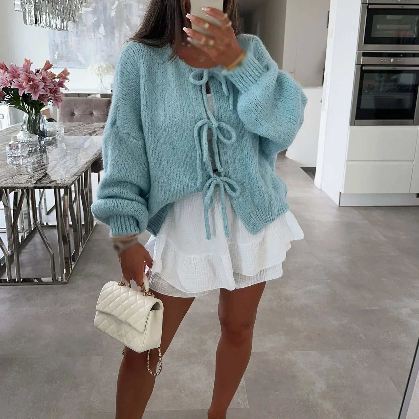 Lace-Up Hollow Out Patchwork Cardigan green / S