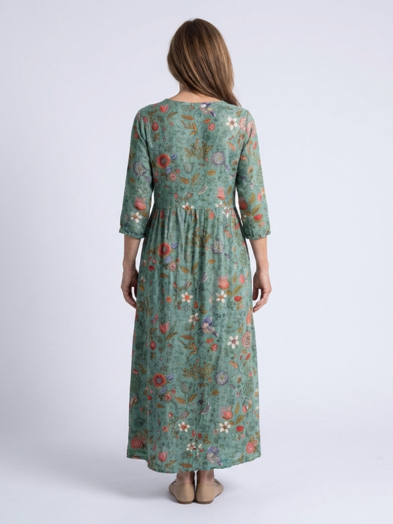 V-Neck Floral Three Quarter Sleeve Pocket A-Line Maxi Dress
