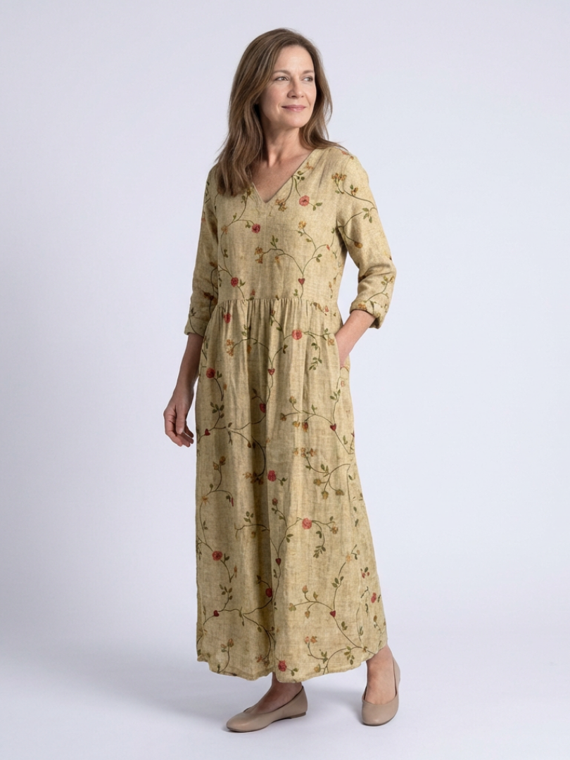V-Neck Floral Three Quarter Sleeve Pocket A-Line Maxi Dress