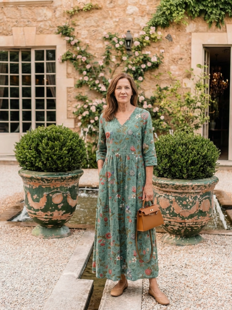V-Neck Floral Three Quarter Sleeve Pocket A-Line Maxi Dress