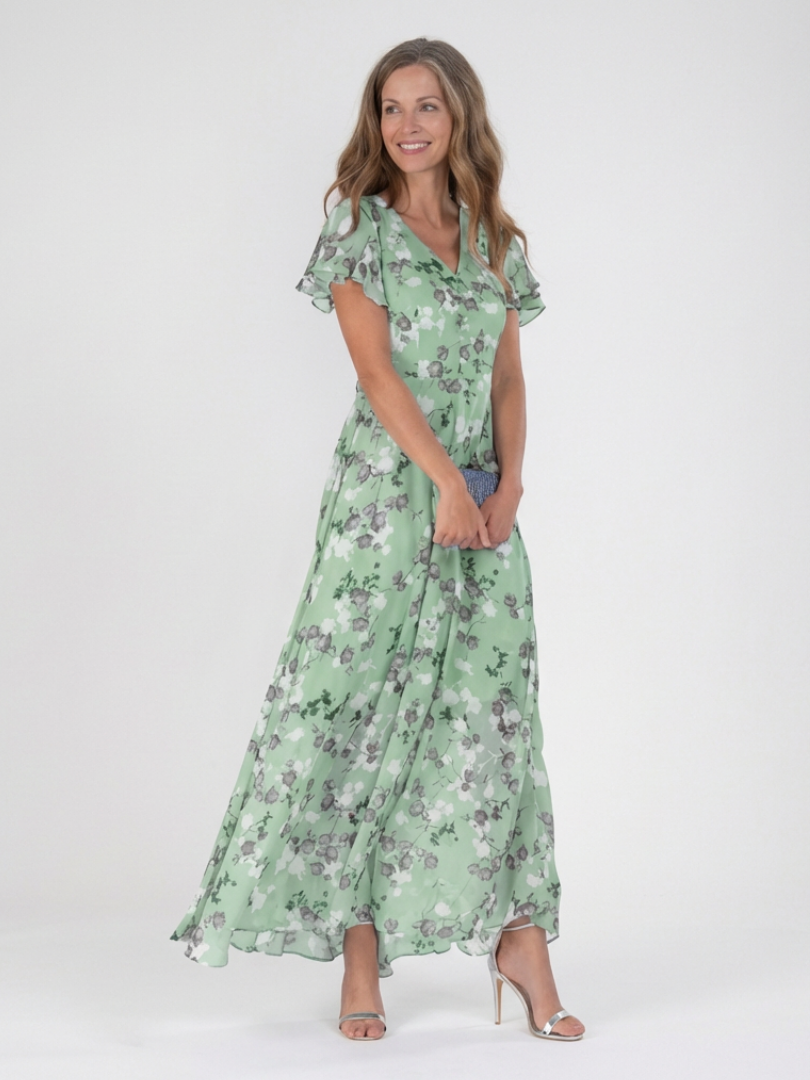 V-Neck Flutter Sleeve Floral Print Chiffon A-Line Maxi Dress 4