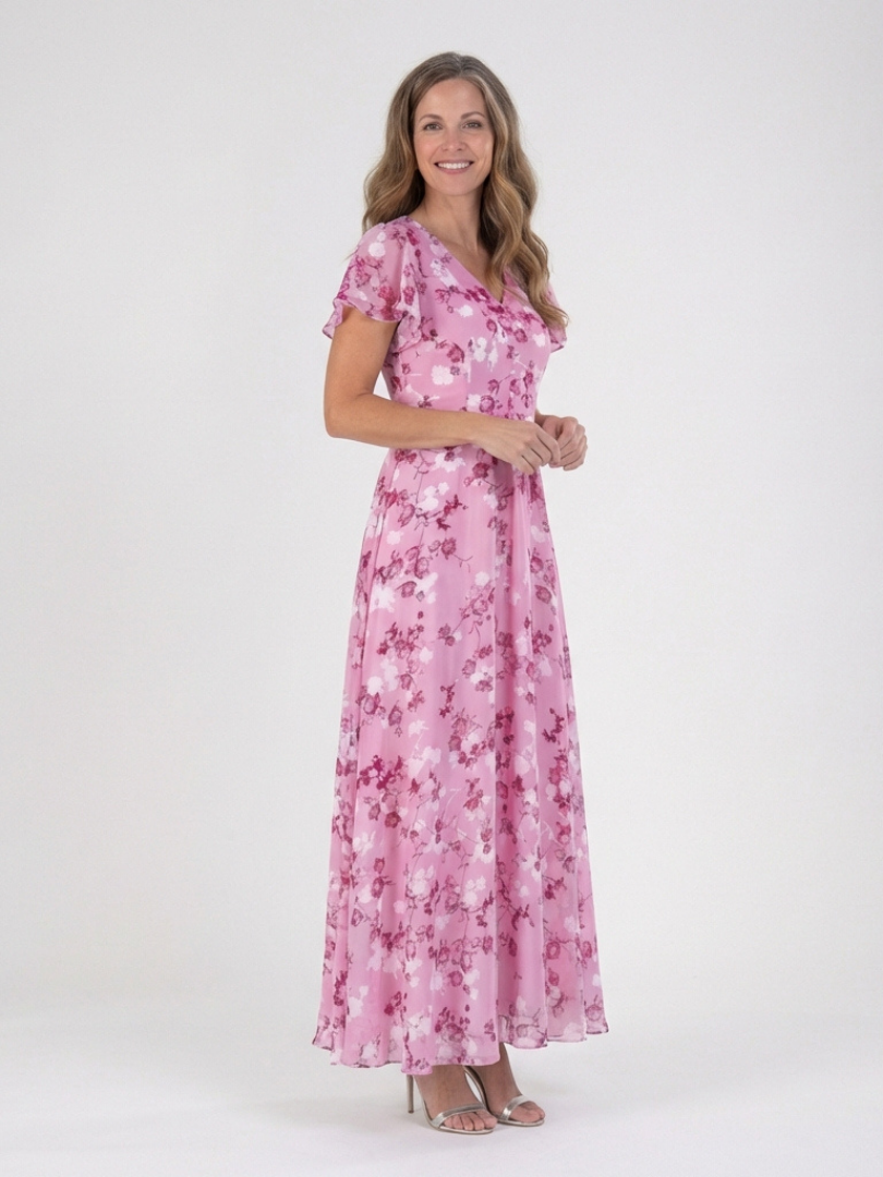 V-Neck Flutter Sleeve Floral Print Chiffon A-Line Maxi Dress 6