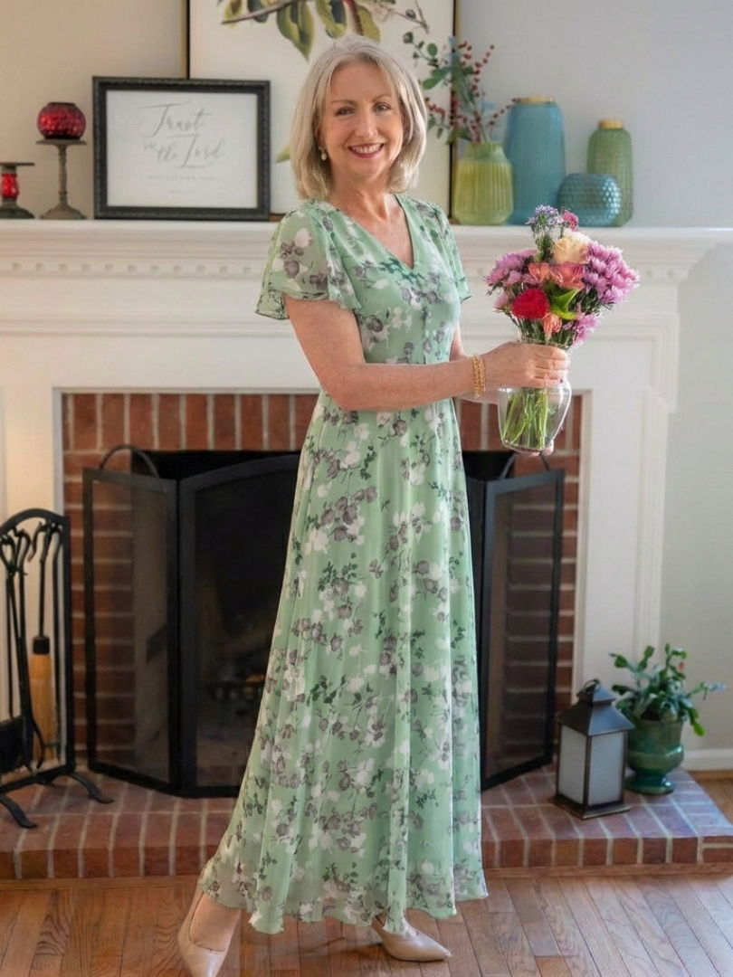 V-Neck Flutter Sleeve Floral Print Chiffon A-Line Maxi Dress 8