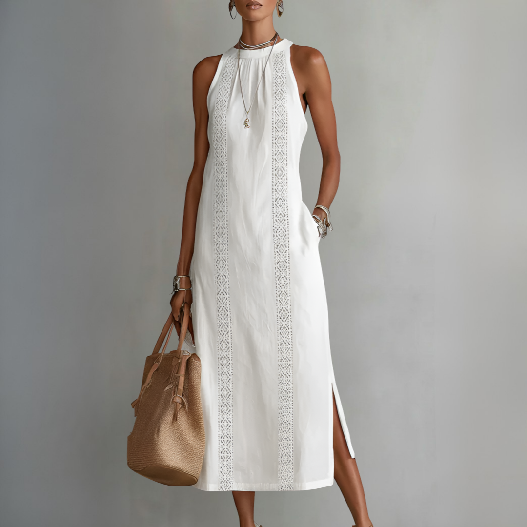 Mock Neck Sleeveless Lace Trim Side Slit Straight Maxi Dress