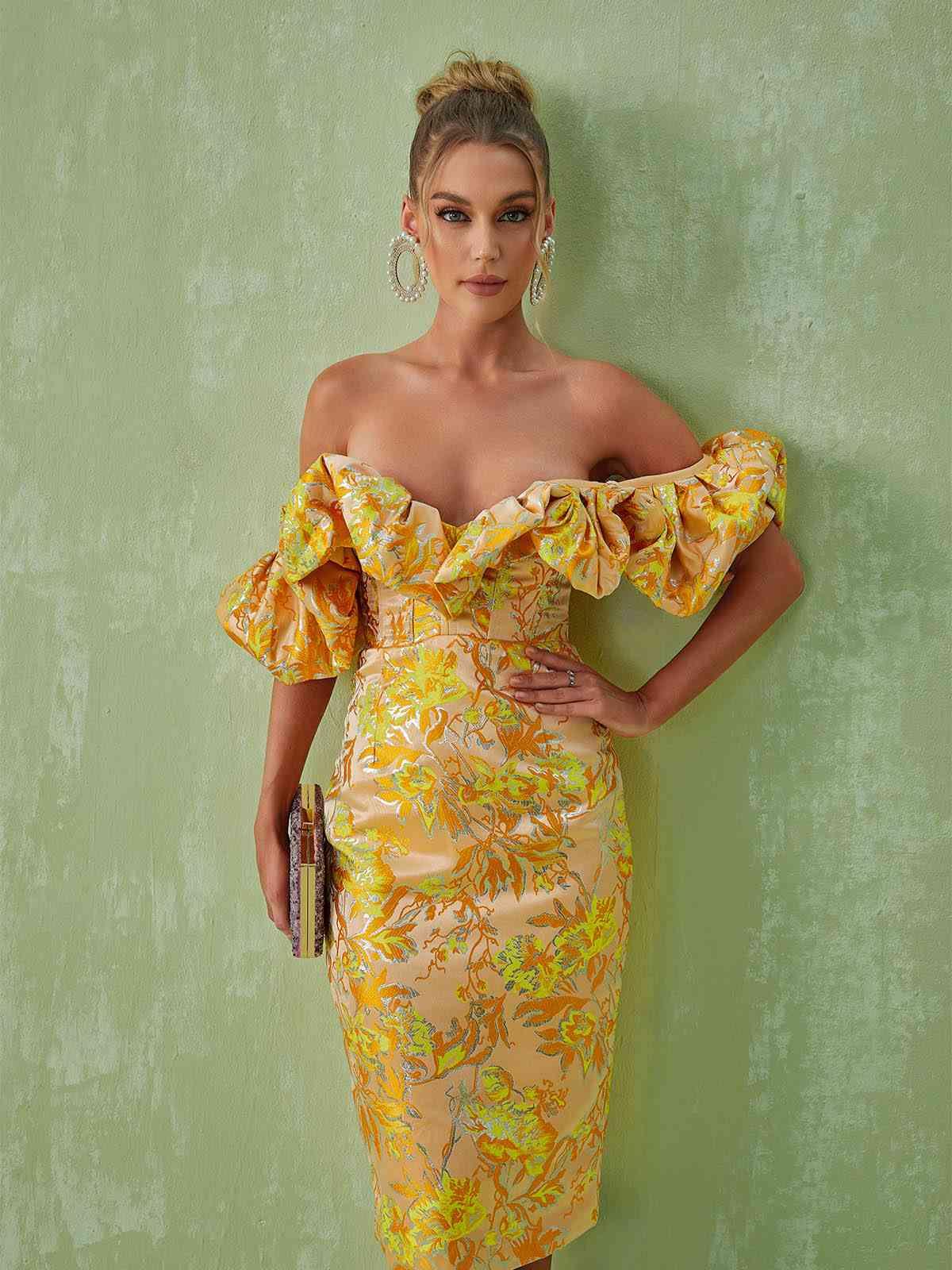 Off-Shoulder Floral Jacquard Ruffle Puff Sleeve Bodycon Midi Dress