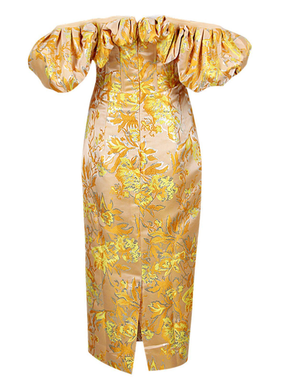 Off-Shoulder Floral Jacquard Ruffle Puff Sleeve Bodycon Midi Dress