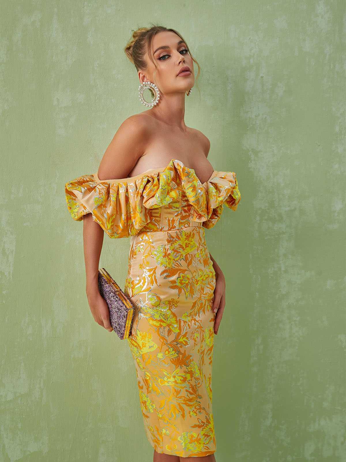 Off-Shoulder Floral Jacquard Ruffle Puff Sleeve Bodycon Midi Dress