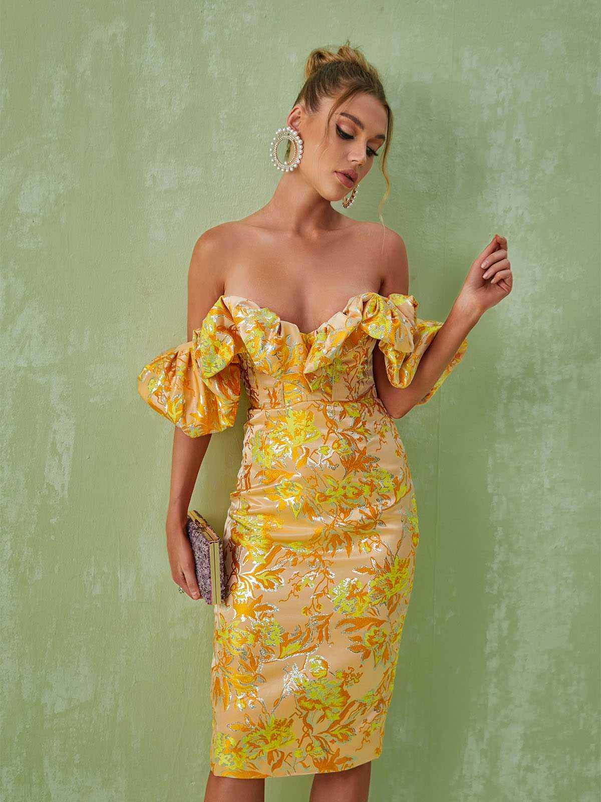 Off-Shoulder Floral Jacquard Ruffle Puff Sleeve Bodycon Midi Dress