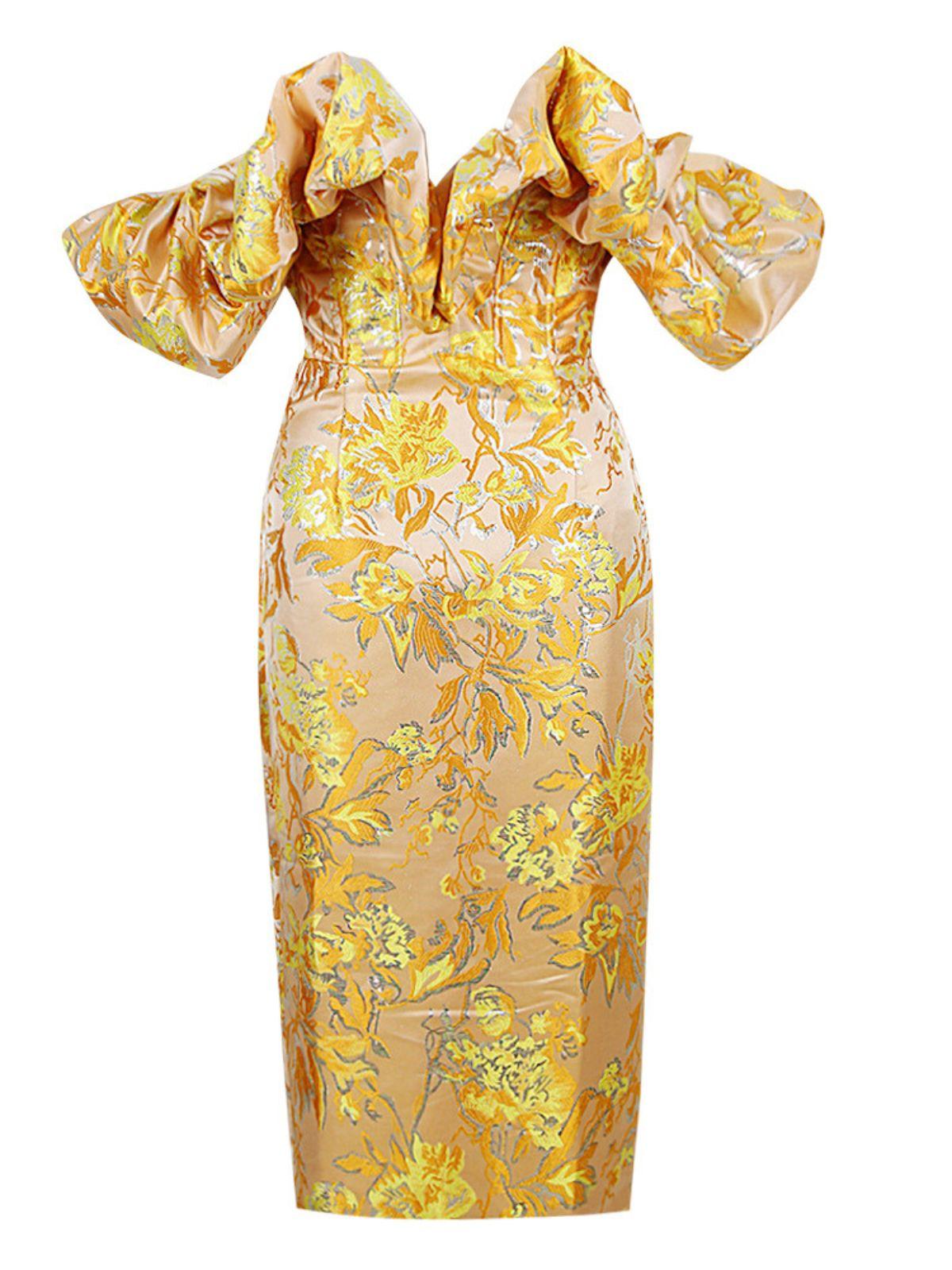Off-Shoulder Floral Jacquard Ruffle Puff Sleeve Bodycon Midi Dress