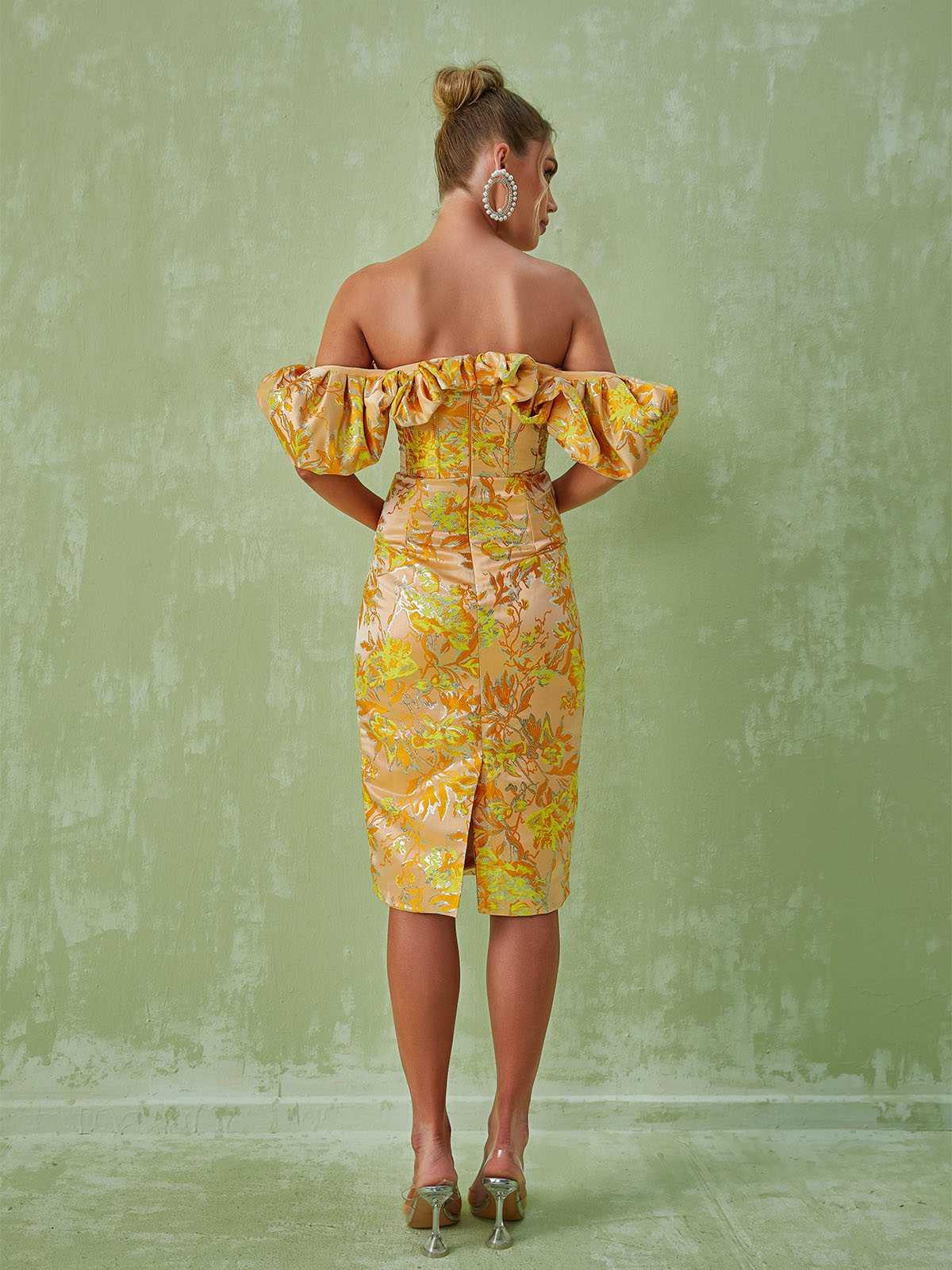 Off-Shoulder Floral Jacquard Ruffle Puff Sleeve Bodycon Midi Dress